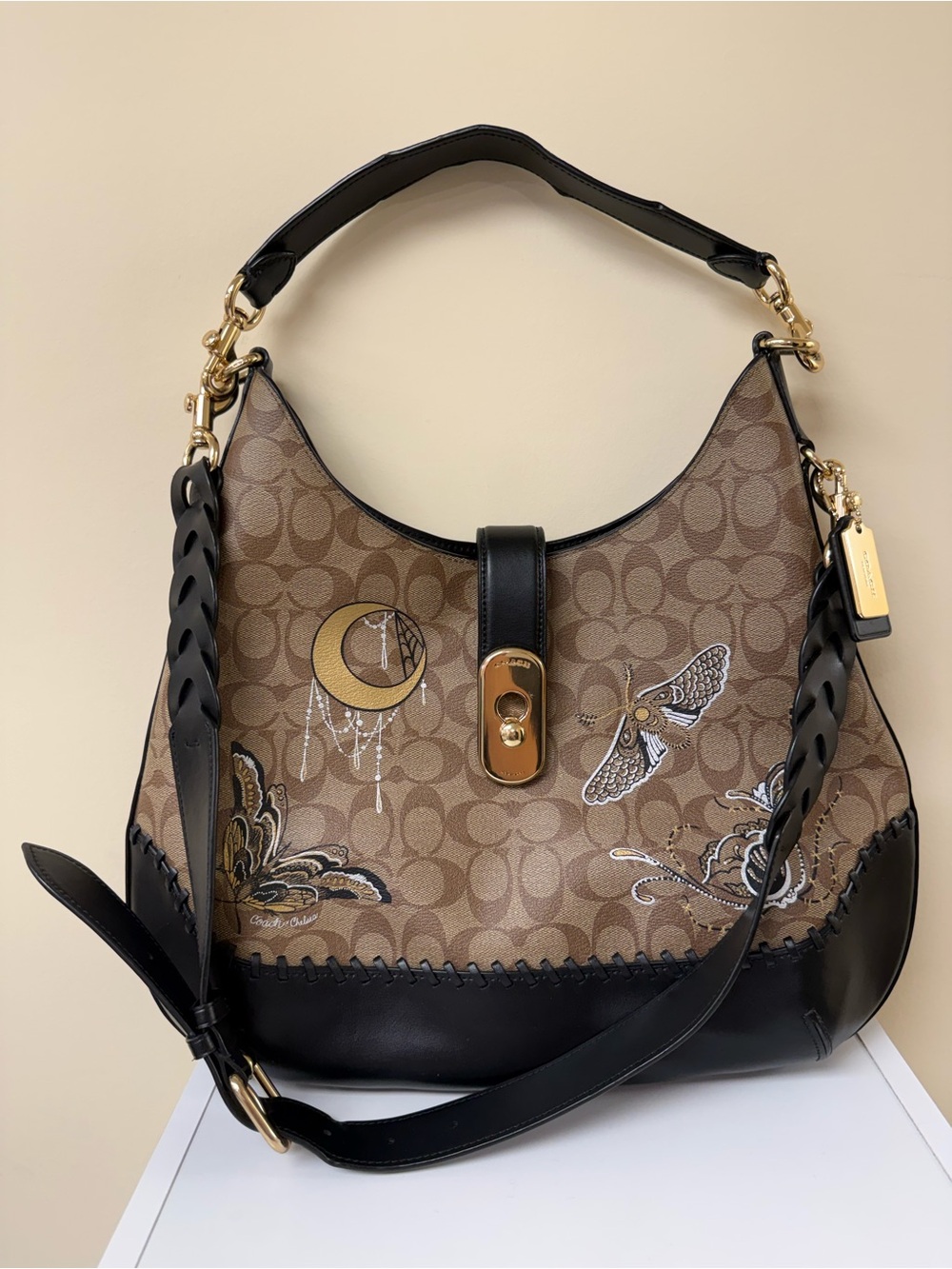 Coach Chelsea Champlain Amber Hobo Shoulder Bag Signature C & Black Leather Trim - Picture 1 of 16